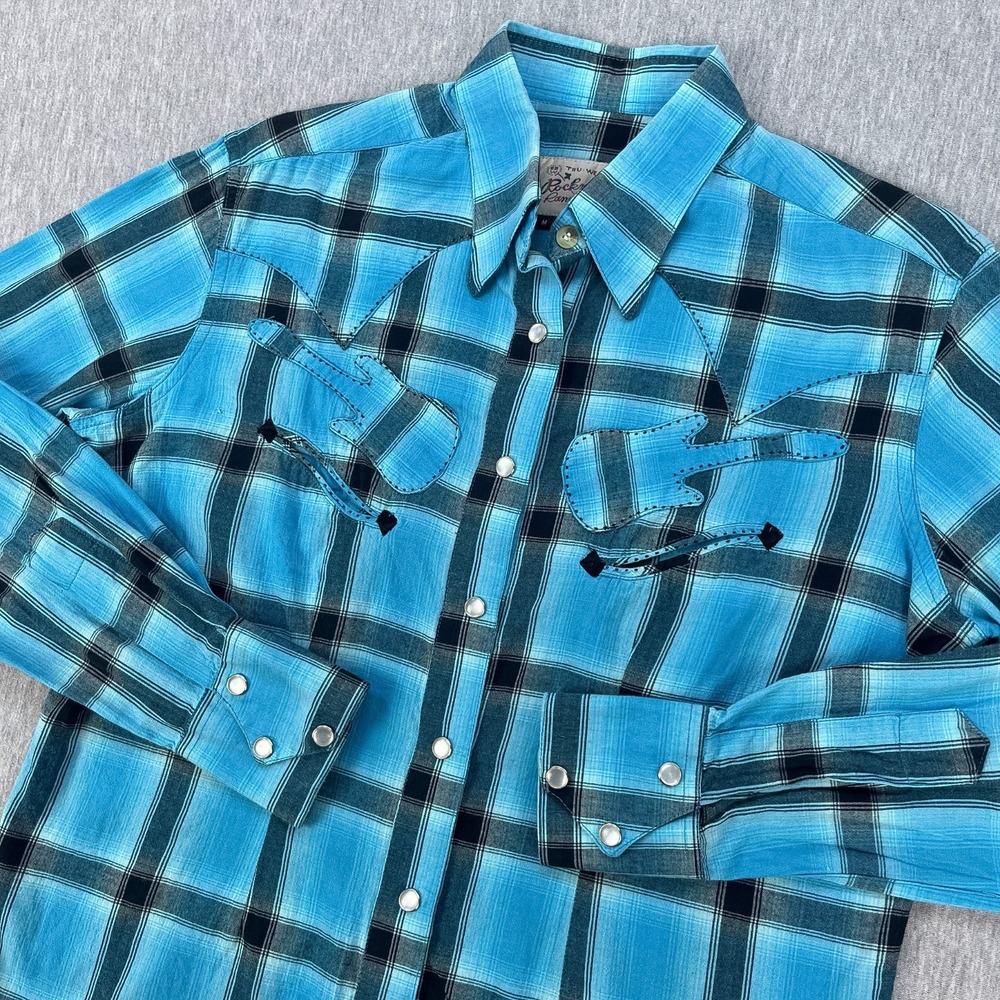 Rockmount Western Blouse Womens M Blue Plaid Pearl Snap Guitars Smile Pockets